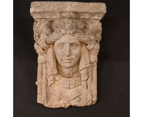 Art Nouveau Architectural Decoration, female head. Once possibly a Capitel of a coloumn. Stone cast. Italy early 20th Century