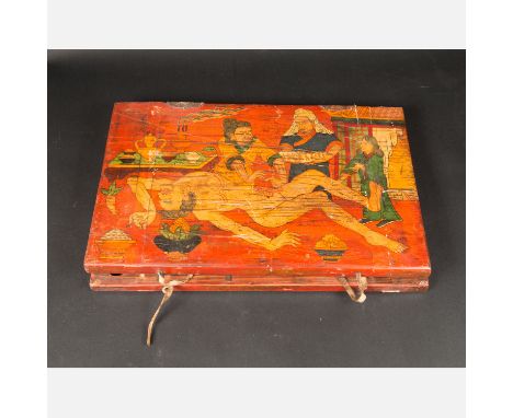 Tibet Operation Tool Set, in red painted lacquer wooden case. With surgery scene. Inside iron tools partly engraved with leat