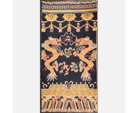 Tibet Carpet, Dragons and decorations , multicoloured waved  textile , side frances , Qing Dynasty. 210 x 107 cm