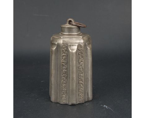 Renaissance Pewter Flask, screwable lid with eylet, canted and rounded body with decorations. Possibly eastern Europe 17th Ce