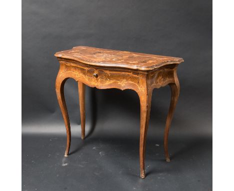 Console Table, on four curved feet, border and top. Walnut on hard wood with rich floral intarsias in different woods. One dr