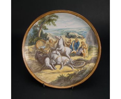 Castelli  ceramic dish with classical scene painted in multicolours, glazed. Late 18th Century. 32 cm diameter.