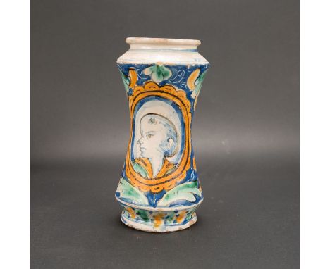 Venitian Albarello, conical shape. Ceramic with multicoloured decorations and portrait. 16/17th Century. 25 cm high.