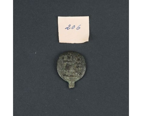 Egypt Bronze Amulet, Anubis and Chnum, round plate with extension, cast with original patina, Ptolomeic periode, size 3x2,3cm