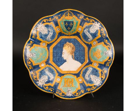 French Ceramic Dish in Renaissance Manner, rounded octagonal shape with Fleur de Lys. Painted faces and latin inscriptions. I