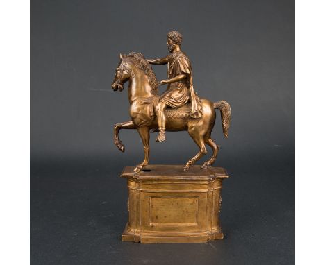 Marcus Aurelius (121 a.C.-180 a.C.) after the Ancient, on horseback. On bronze base cast with remains of gilding, very fine h