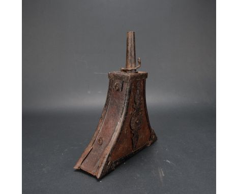 Renaissance powder flask, triangle shape with peaked spout  , close up system and eyelets , partly scratch decorations on for