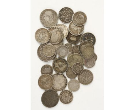 SPAIN, MIXED COINS. Two Reales, 1768, 1791, 1798, One Real, 1776, and other 18th and 19th century silver denominations.