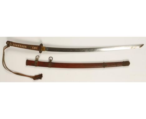 A JAPANESE KATANA, with metal scabbard, a shagreen handle with cord wrapping, and two menuki, 39"