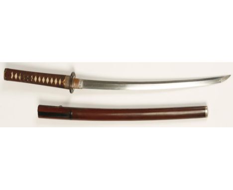 A JAPANESE WAKIZASHI, with lacquered wood scabbard and shagreen grip with cord binding and two menuki, 24"