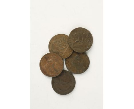 TOKENS, 18TH CENTURY HALFPENNIES, John Wilkinson Iron Master 1791, Bath 1794, Chichester 1794, Dover 1794, Bristol 1793. (5 c