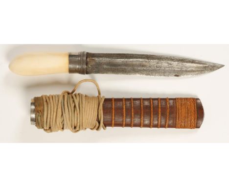 A BURMESE DHA DAGGER with scabbard ivory grip with white metal mounts, 19th century, 12.5"