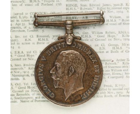 A GREAT WAR CASUALTY WAR MEDAL, impressed (K.11951 W. RICHARDS. STO. 1 R.N.), killed by internal explosion on board H.M.S. Bu