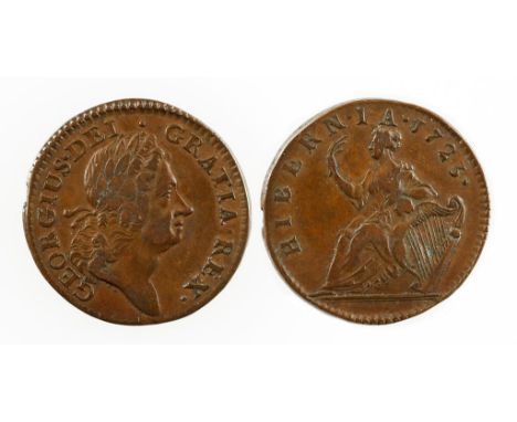 HIBERNIA, GEORGE I, 1714-27. HALFPENNY, 1723. Laureate head right, Britannia seated with harp on reverse. GVF. (one coin)