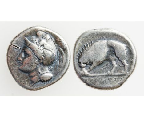 GREEK, LUCANIA, VELIA. AR DIDRACHM, FOURTH CENTURY B.C. Head of Athena wearing a crested attic helmet decorated with centaure