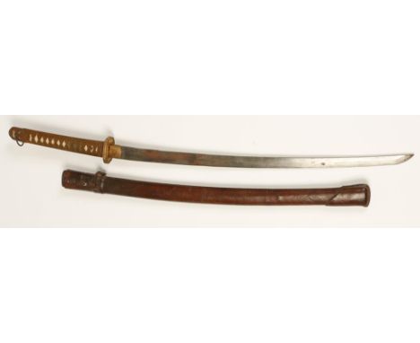 A SECOND WORLD WAR ISSUE JAPANESE KATANA, with leather scabbard, the shagreen grip with cord binding and two menuki, 39" 
