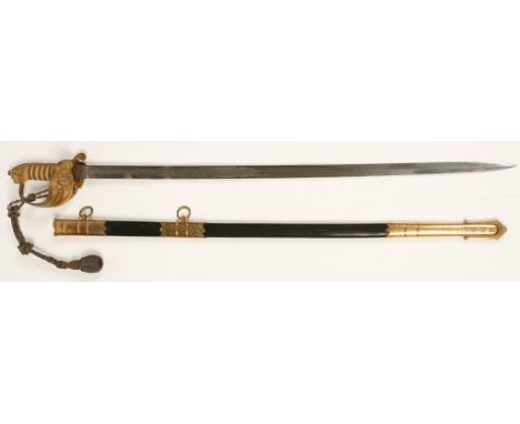 A GEORGE V ROYAL NAVAL OFFICERS SWORD, blade engraved W. Bell White. Belfast, with leather and brass mounted scabbard and sha