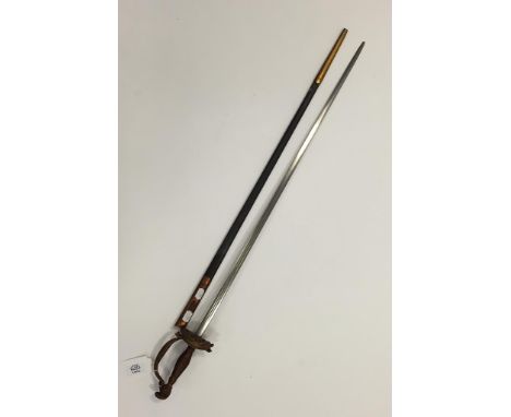 A COURT SWORD, with leather and brass mounted scabbard, 37"