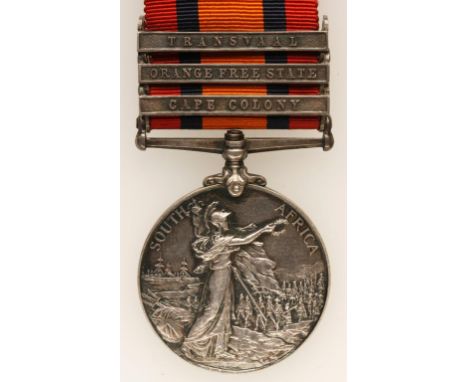 A QUEEN'S SOUTH AFRICA MEDAL, with Cape Colony, Orange Free State and Transvaal clasps, impressed (14184 PTE R. NOBLE. R.A.M.