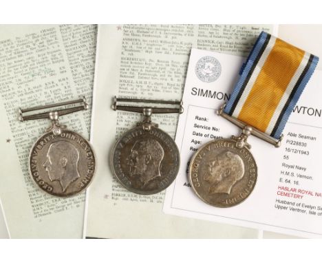 THREE GREAT WAR CASUALTY WAR MEDALS, impressed (228830. J.N. SIMMONDS. A.B. R.N.), died 16th Dec 1943 on board H.M.S. Vernon,