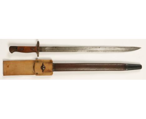 AN ENFIELD BAYONET with leather scabbard and canvas frog, 22.5"