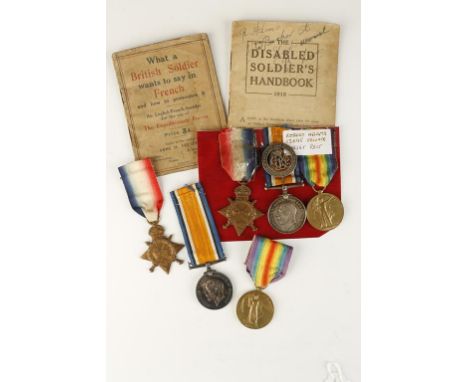 A GREAT WAR TRIO OF MEDALS, with wound badge, handbooks and research (12095 PTE. R. ADAMS. DORSET. R.), and one other trio of