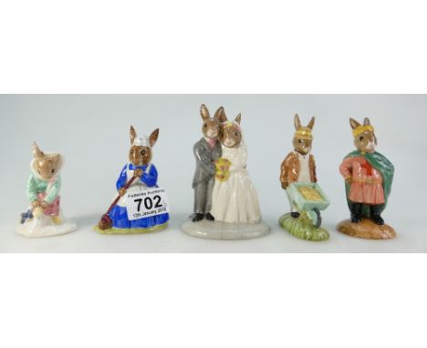 Royal Doulton Bunnykins figures Clean Sweep DB6, Wedding Day Bunnykins DB287, Girl Skater DB153, Gardener DB156 and Prince Jo