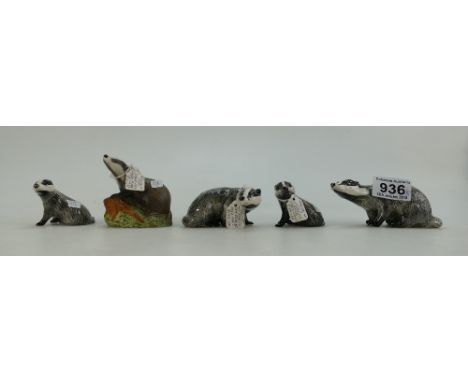 Beswick Badger family 3393, 3394 and 3392 together with badger cub 1017 and matt badger whisky flask 2087 (4)