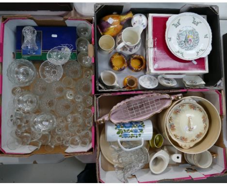A mixed collection of ceramic items to include commemorative water jugs boxed Royal Albert items, glass ware, Meakins deco tu