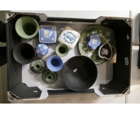 A good collection of Wedgwood Jasperware items in varying colours to include black basalt footed fruit bowl, sage green decor