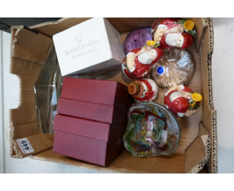 Collection of glassware and enamel items  to include vase - indistinct signature, two paperweights (1 x Royal Doulton) one gl