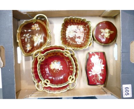 A collection of Crown Devon Rouge items to include pin trays, ash trays, trinket boxes, etc. 