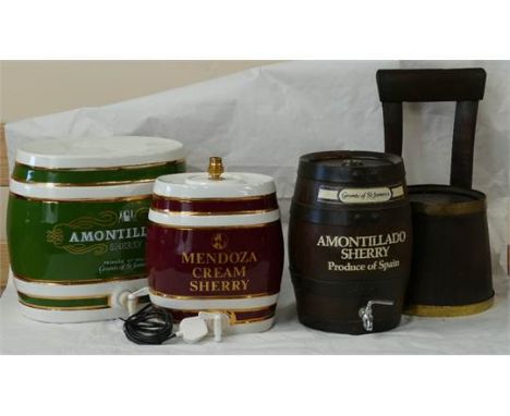 A collection of pub related advertising items to include Amontillado Sherry ceramic barrel, similar Mendoza Sherry item (conv
