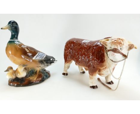 Large Melba ware butchers advertising figure of bull together with large continental figure of a Drake. (2)