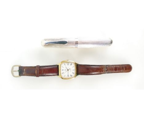 Gents Eterna Executive quartz vintage wristwatch with leather strap in original box with certificate and large fountain pen i