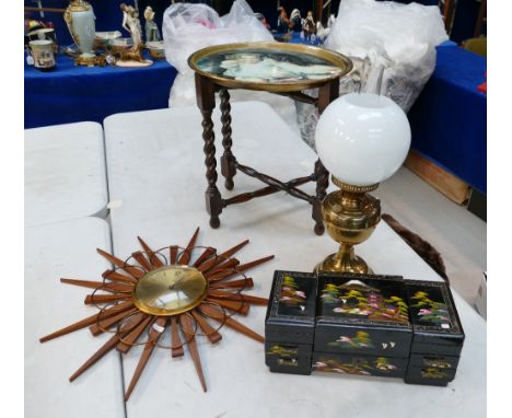 A mixed collection of items to include Japanese style lacquered jewellery box, oak barley twist tray top table, reproduction 