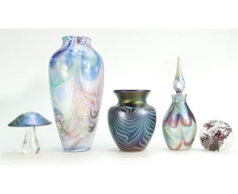 A collection of Okra art glass comprising vase and scent bottle & cover signed Richard Golding, limited edition 1998, paperwe