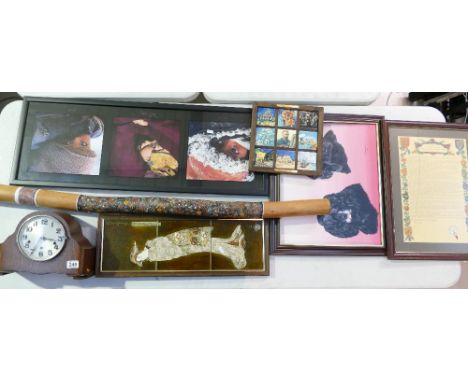 A mixed collection of items to include Art Deco oak cased mantle clock, Didgeridoo, tube lined ceramic tiles with Oriental de