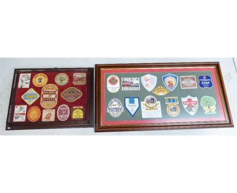 Large framed collection of collectable beer mats and similar cased item, size of the largest 94cm x 51cm (2) 