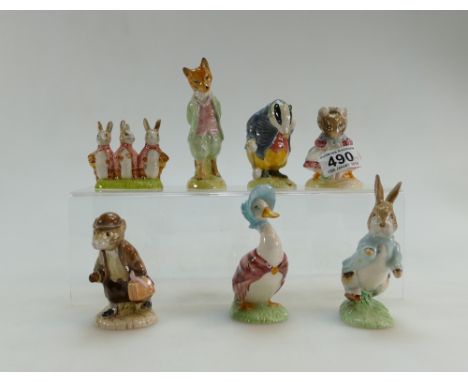 Royal Albert Beatrix Potter figures Peter Rabbit, Johnny Town Mouse with Bag, The Old Woman who Lived in a Shoe, Jemima Puddl