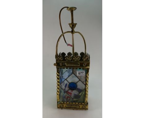Victorian Gothic Brass and Leaded glass hall lantern,glass panels complete but mishaped within frame 