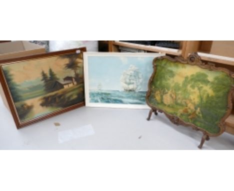 An oil on canvas of mountain side cottage scene, signed Anrinid with Flagship print and reproduction French style fire screen