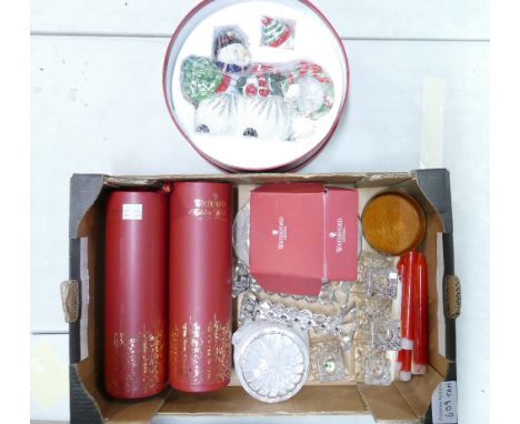 Boxed Waterford Crystal Holiday Heirlooms glass candlesticks together with four other similar items, boxed train trinket, gla
