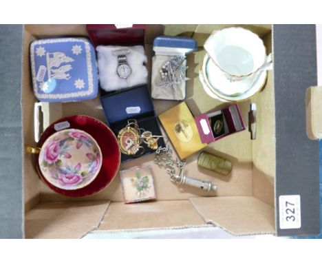 A collection of items including pottery, ladies costume jewellery, policeman's whistle, Toronto Broadway Methodist chapel Tab