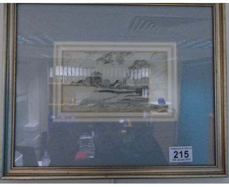 George Haite pencil sketch drawing of Farnham landscape scene in gilt frame, 36 x 25cm 