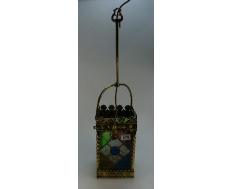 Victorian Gothic Brass and Leaded glass hall lantern,glass panels complete but mishaped within frame 