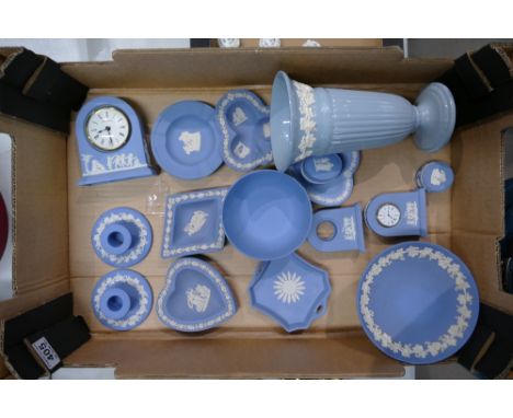 A collection of Wedgwood Jasper ware items to include ashtrays, vases, bowls, clocks, trinket bowls, etc. 