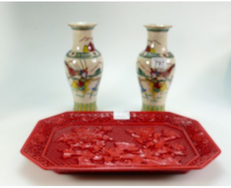 Pair early 20th century Chinese pottery vases decorated with men on horseback in enamel colours, height 25cm and red lacquer 