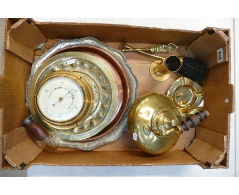 A mixed collection of metal ware items to include brass kettle, similar serving trays, silver plated serving platter, brass s