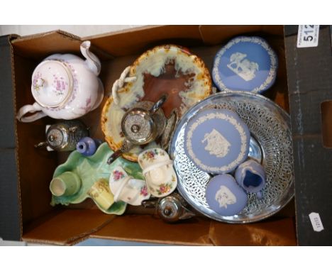 A mixed collection of ceramic items to include - Wedgwood Jasperware sweet jars, Tuscan China April Beauty decorated tea pot,